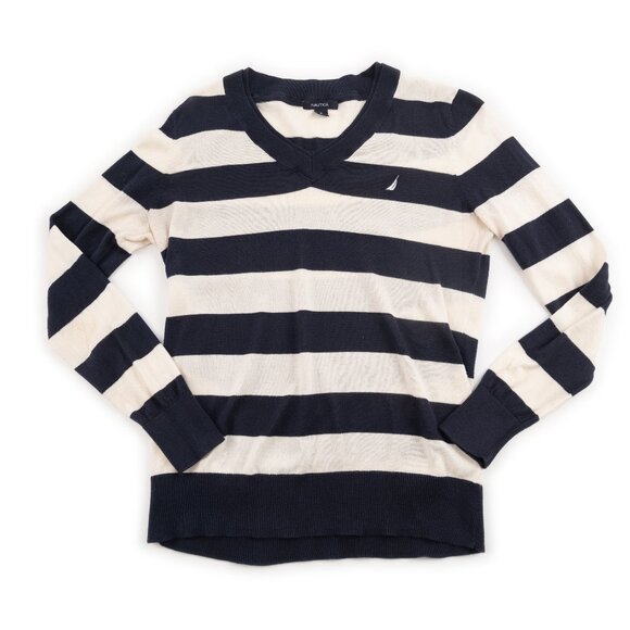 NAUTICA navy off-white nautical stripe lightweight v-neck sweater size S - Picture 1 of 11
